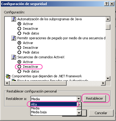 Captura modificar nivel de seguridad